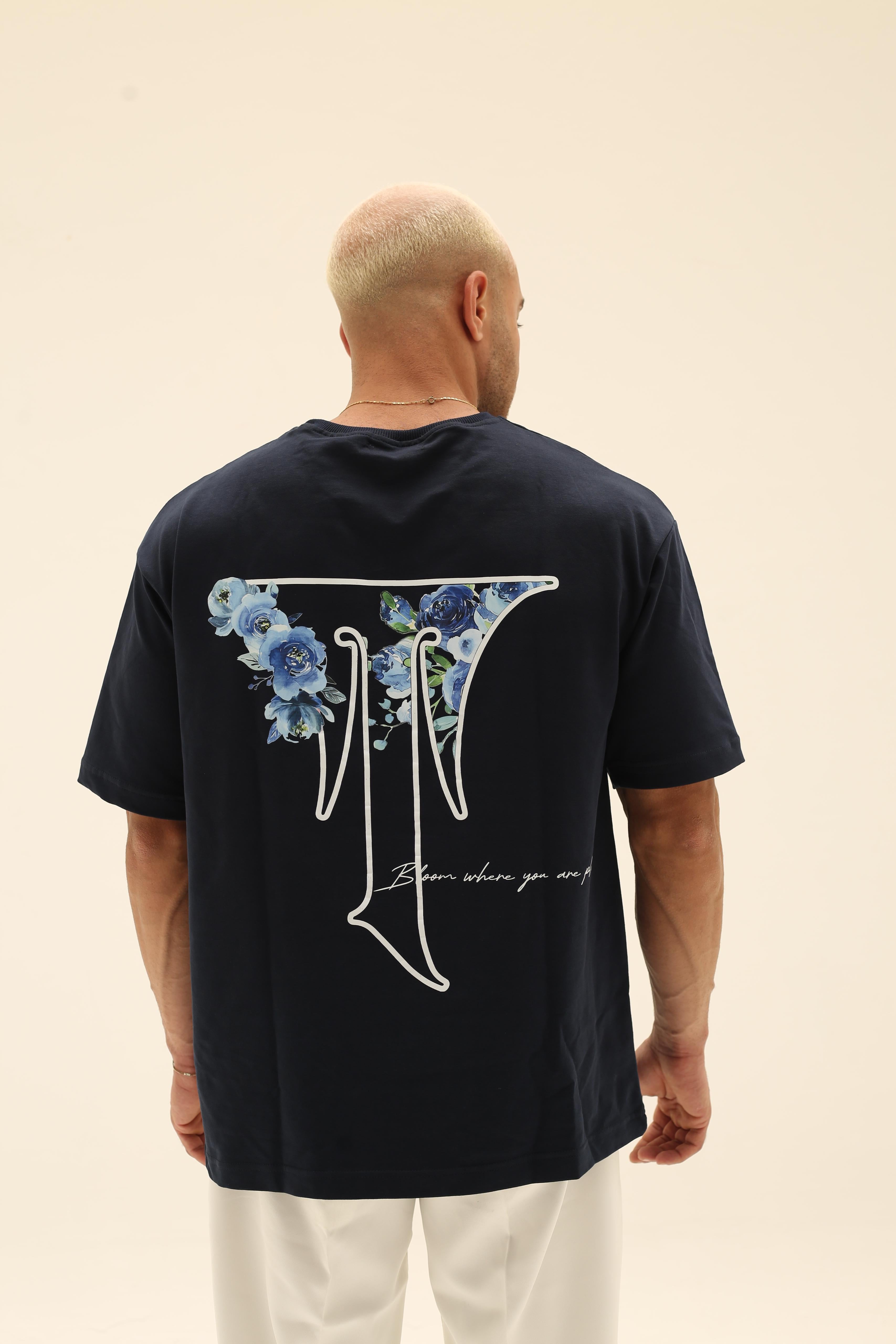 T7 Core t-shirt (navy blue with white T flower detailing)