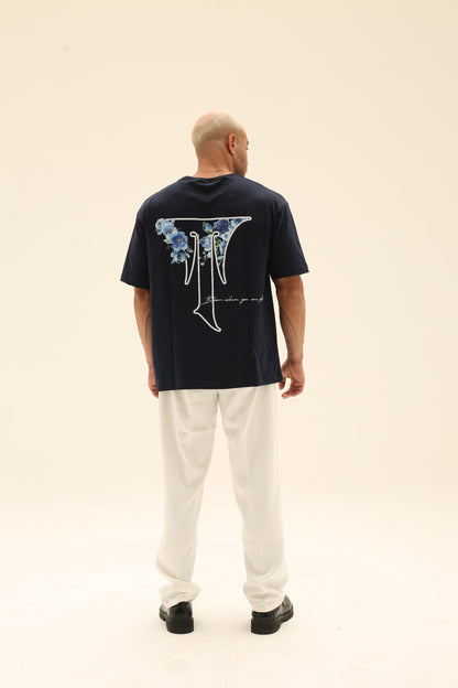 T7 Core t-shirt (navy blue with white T flower detailing)